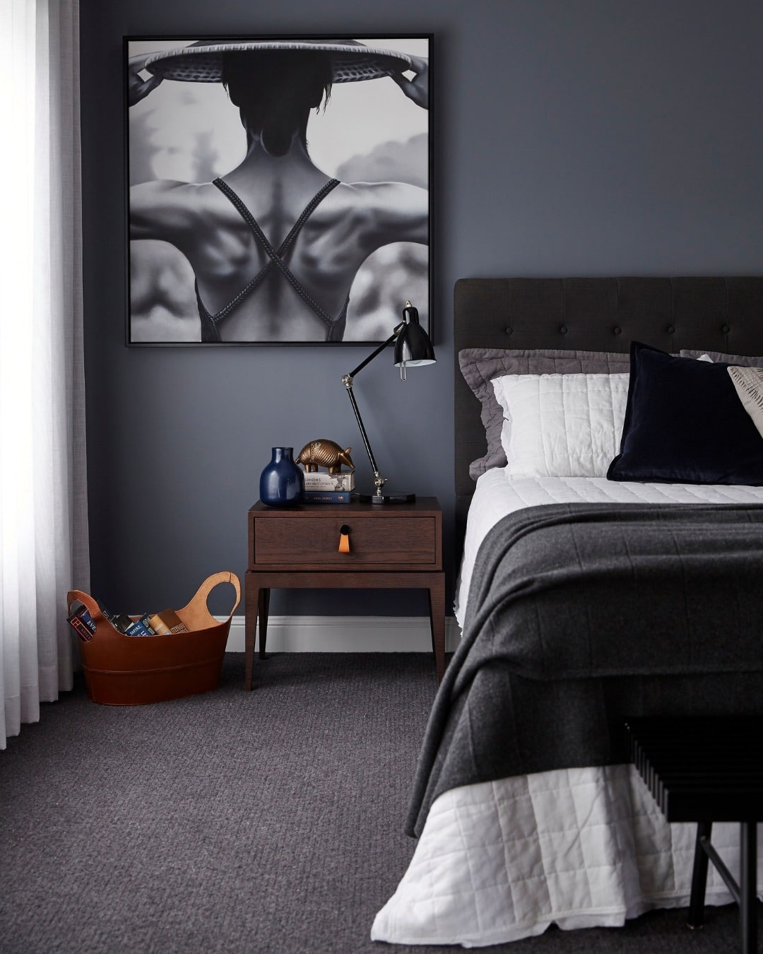 4. Tailored Gray Bedroom with Monochrome Wall Art - black and gray bedroom ideas