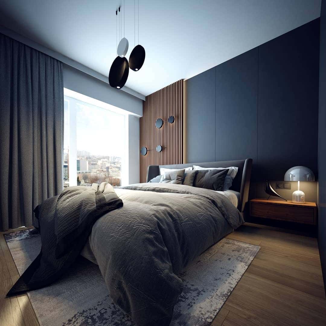 7. Contemporary Black Feature Wall with Wood Slat Detail - black and gray bedroom ideas