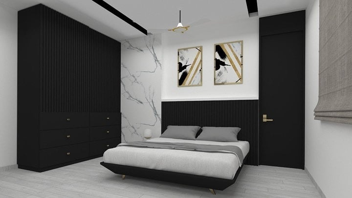 12. Contemporary Black and White Bedroom with Marble Accent - black and gray bedroom ideas