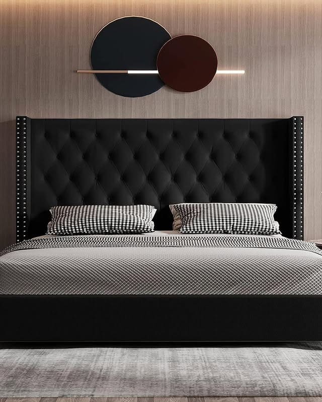 13. Statement Tufted Black Headboard with Graphic Gray Bedding - black and gray bedroom ideas