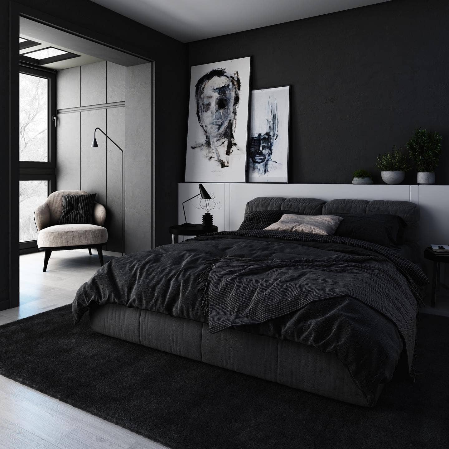 14. Moody Charcoal Bedroom with Contemporary Art - black and gray bedroom ideas