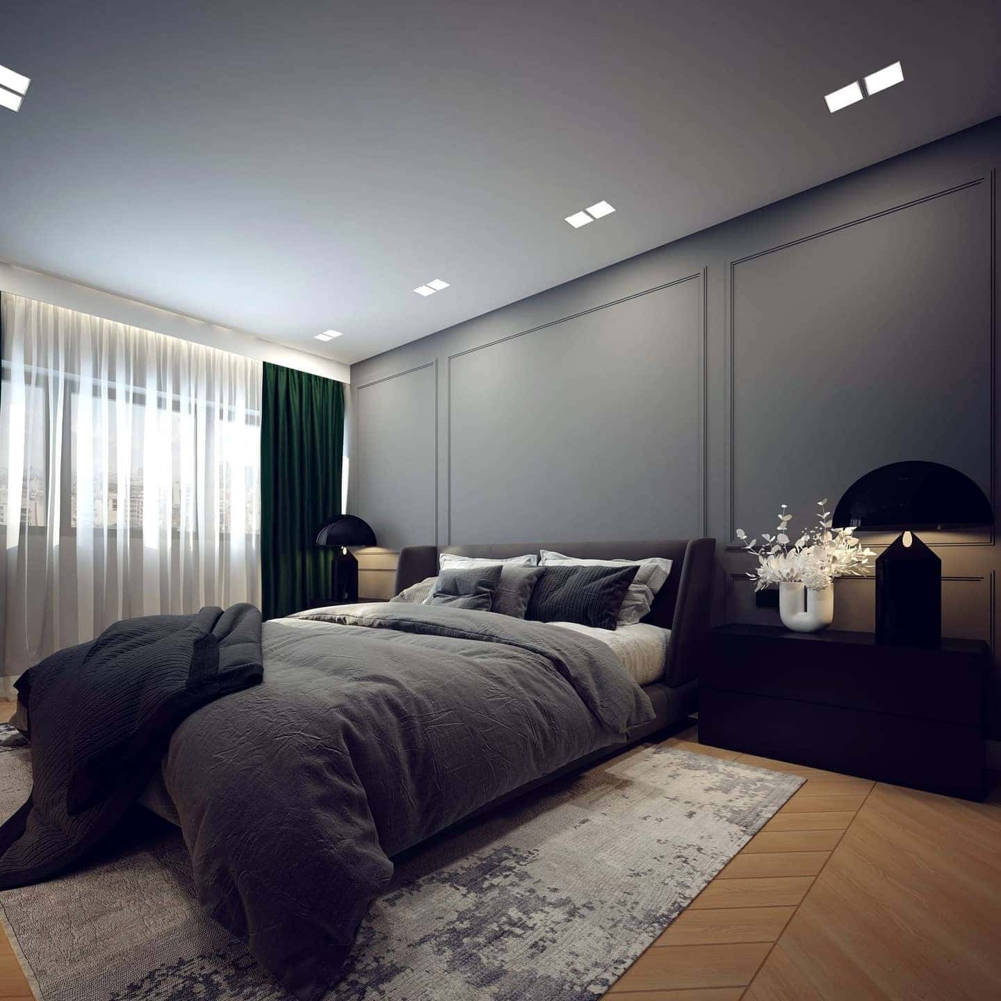 16. Modern Gray Paneled Bedroom with Soft Lighting - black and gray bedroom ideas