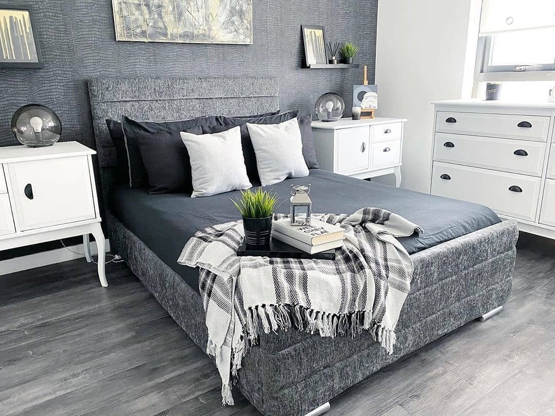 17. Textured Gray Bedroom with Crisp White Furniture - black and gray bedroom ideas