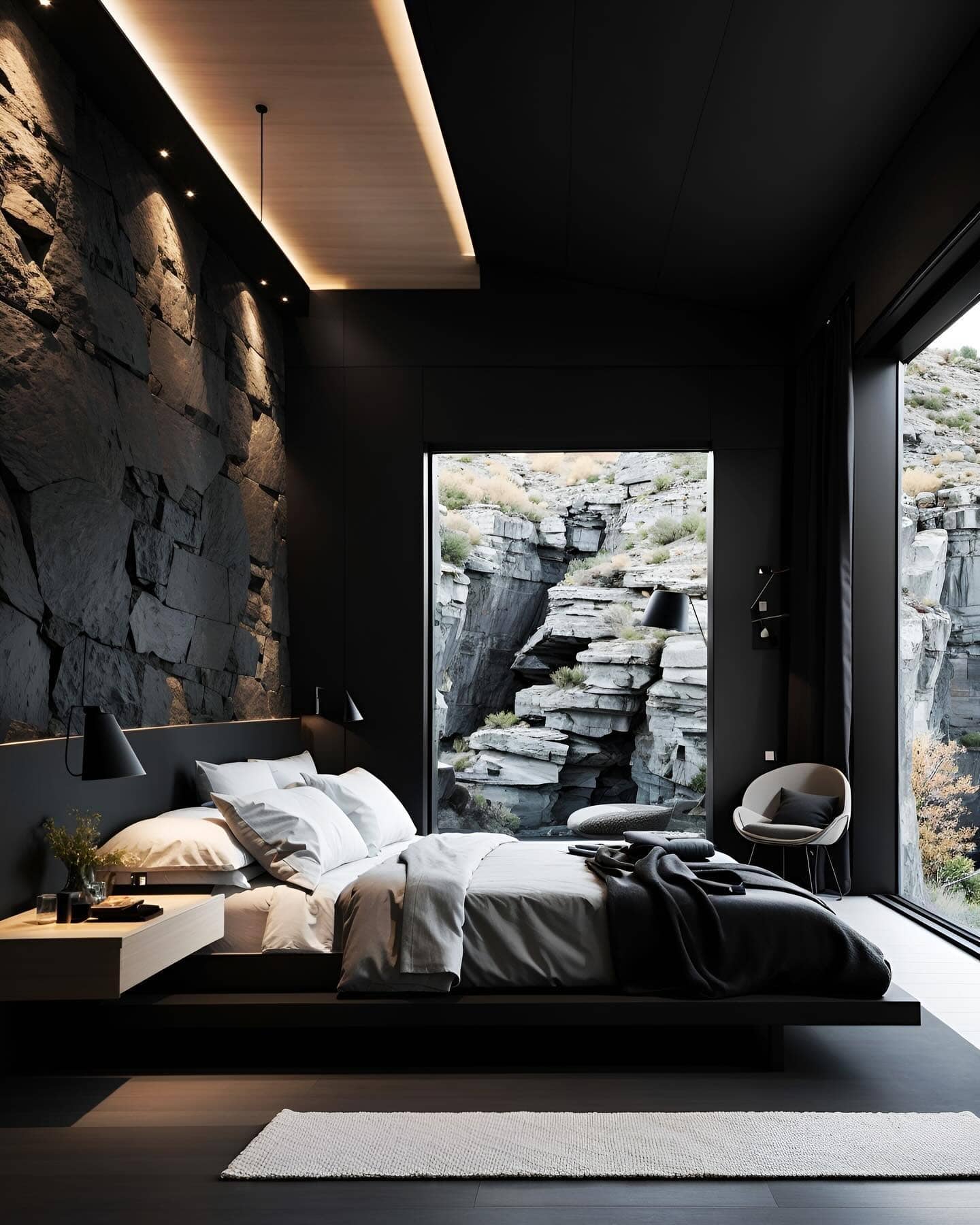 18. Dramatic Black Stone Accent Wall with Panoramic Views - black and gray bedroom ideas