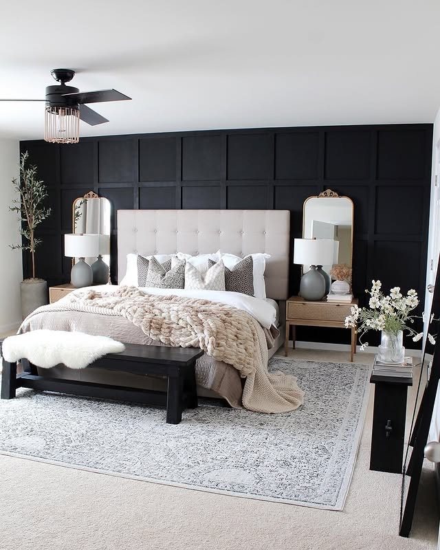 20. Modern Farmhouse Bedroom with Black Paneled Wall - black and gray bedroom ideas
