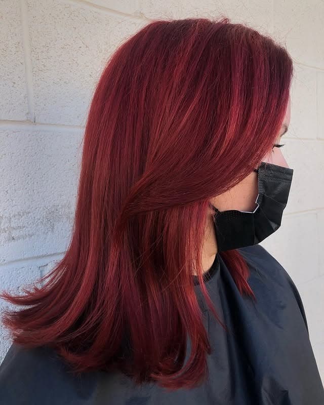 2. Classic Crimson Layered Blowout - Dark Red Hair Color