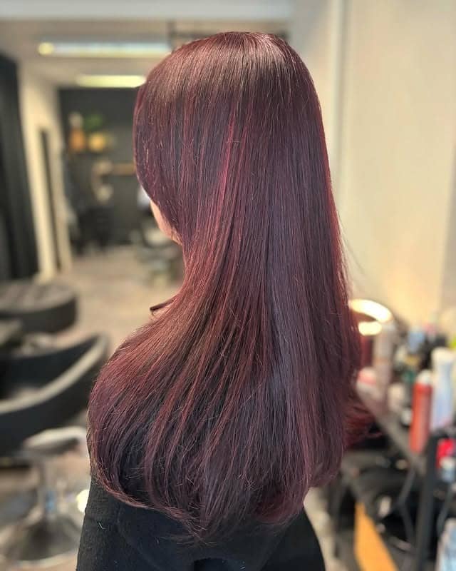 5. Sleek Garnet Straight Layers - Dark Red Hair Color