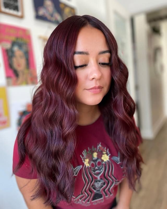 7. Rich Bordeaux Center-Part Waves - Dark Red Hair Color