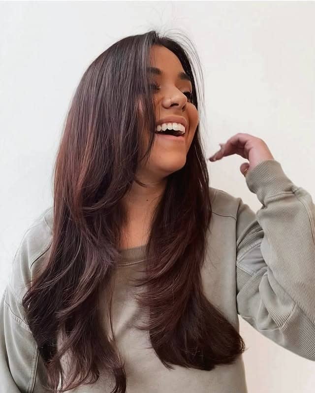 10. Espresso Cherry Long Layers - Dark Red Hair Color