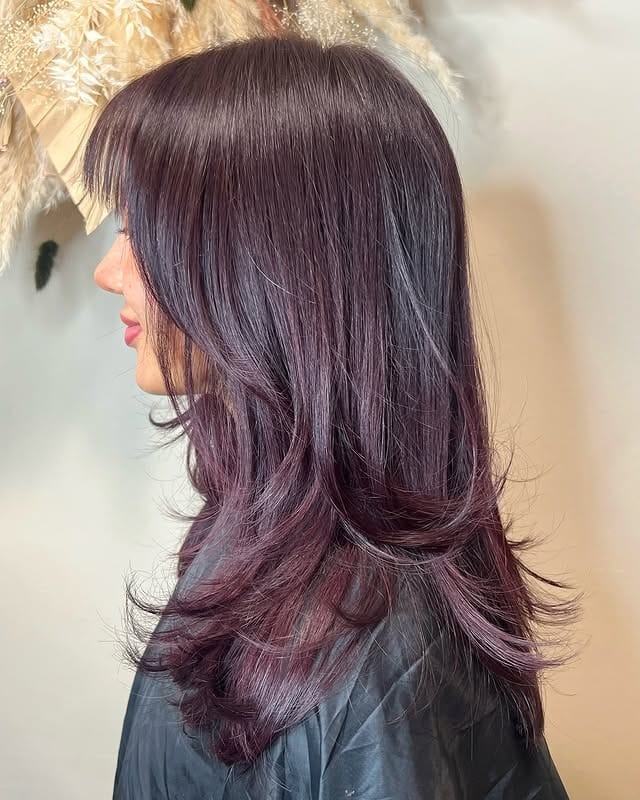 20. Smoky Wine Layered Blowout - Dark Red Hair Color
