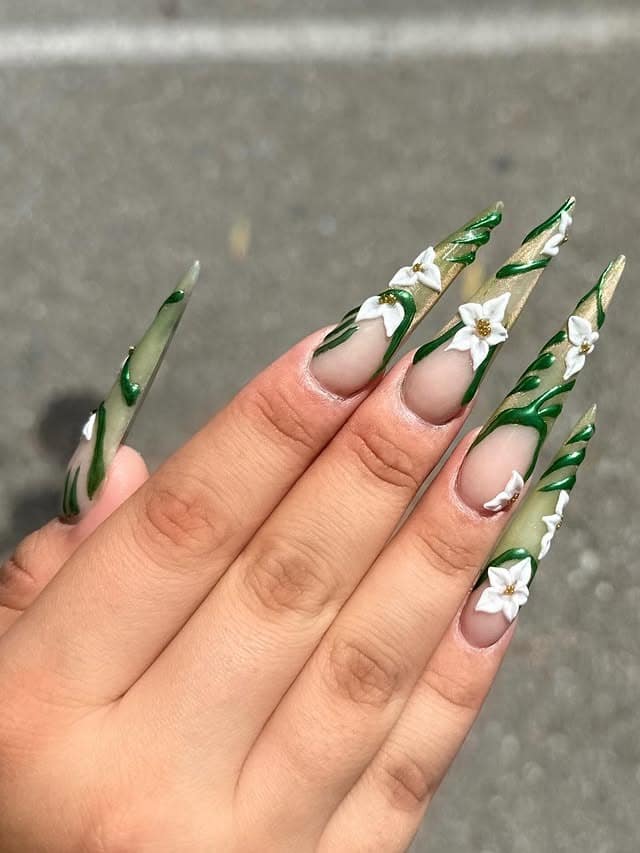 3. Botanical 3D Stiletto Garden Nails - cute green nail ideas