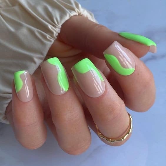 8. Neon Green Wave Short Square Nails - cute green nail ideas