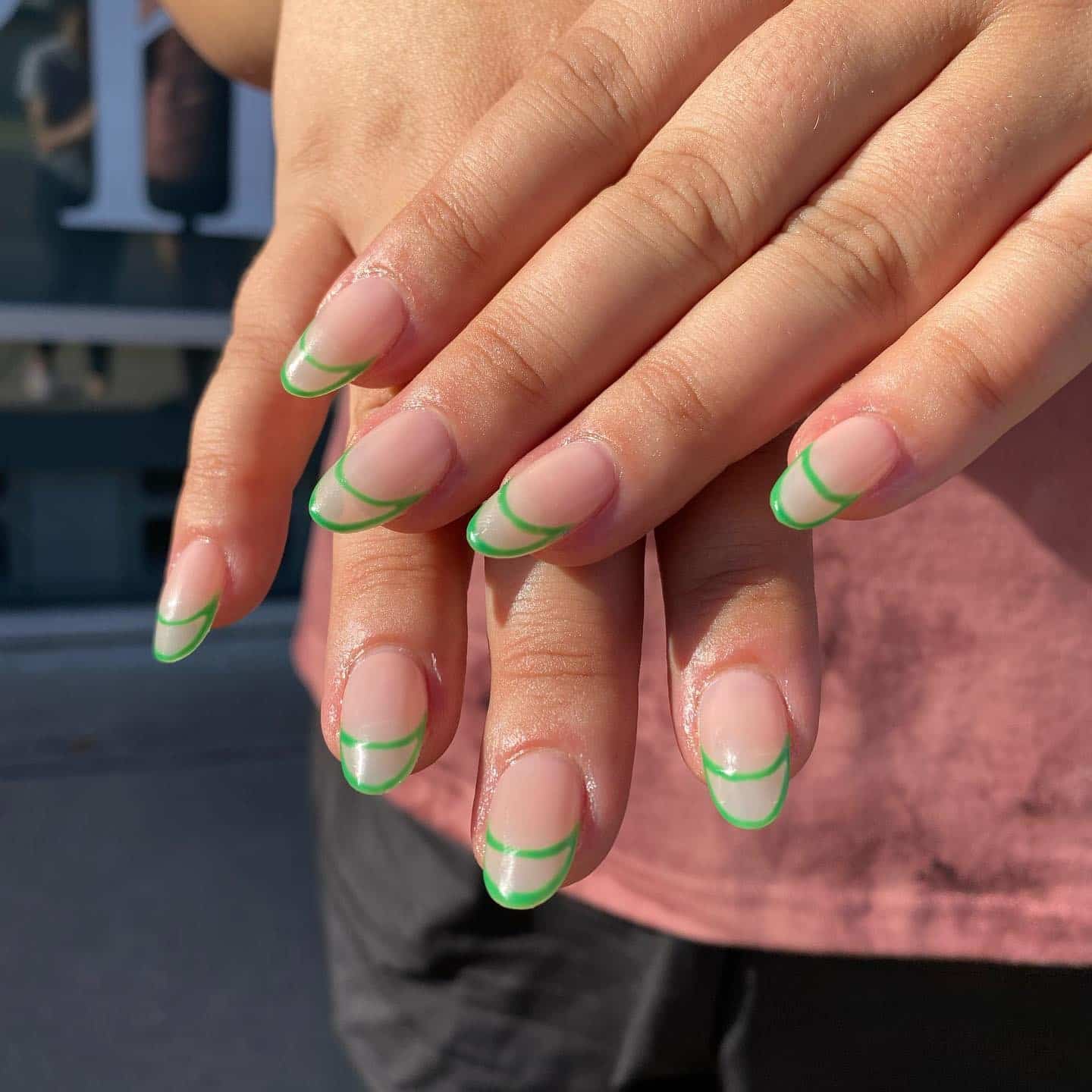 9. Green Double-Line French Almond Nails - cute green nail ideas