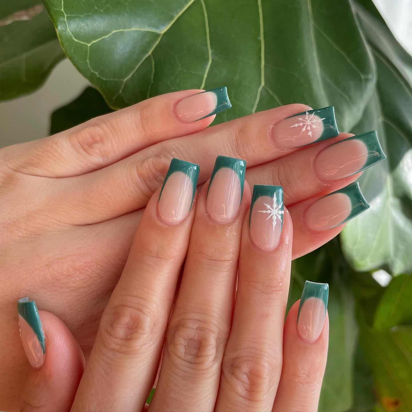 10. Deep Forest French Snowflake Square Nails - cute green nail ideas