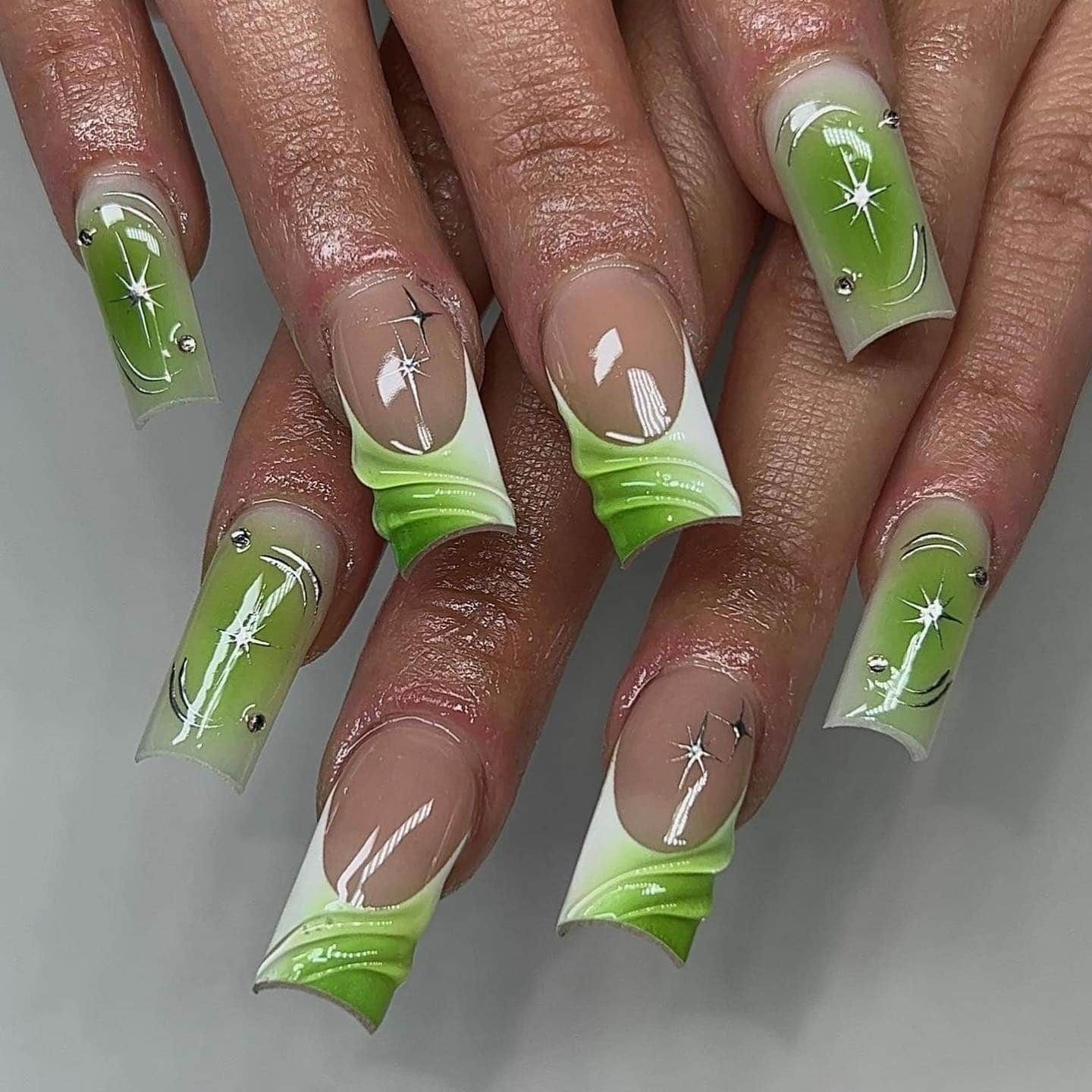 11. Lime Ombre Sculpted French Square Nails - cute green nail ideas