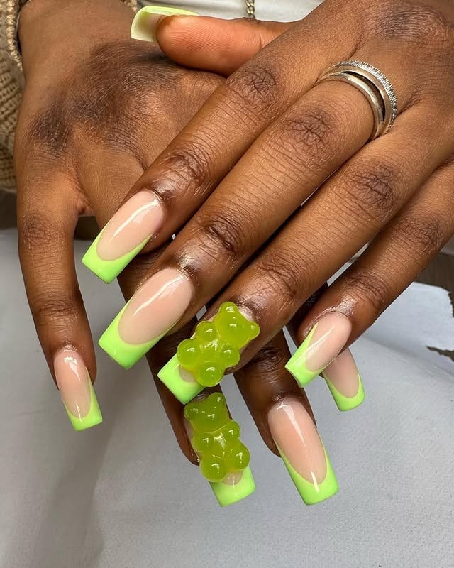 12. Neon Green French with 3D Gummy Accent Nails - cute green nail ideas