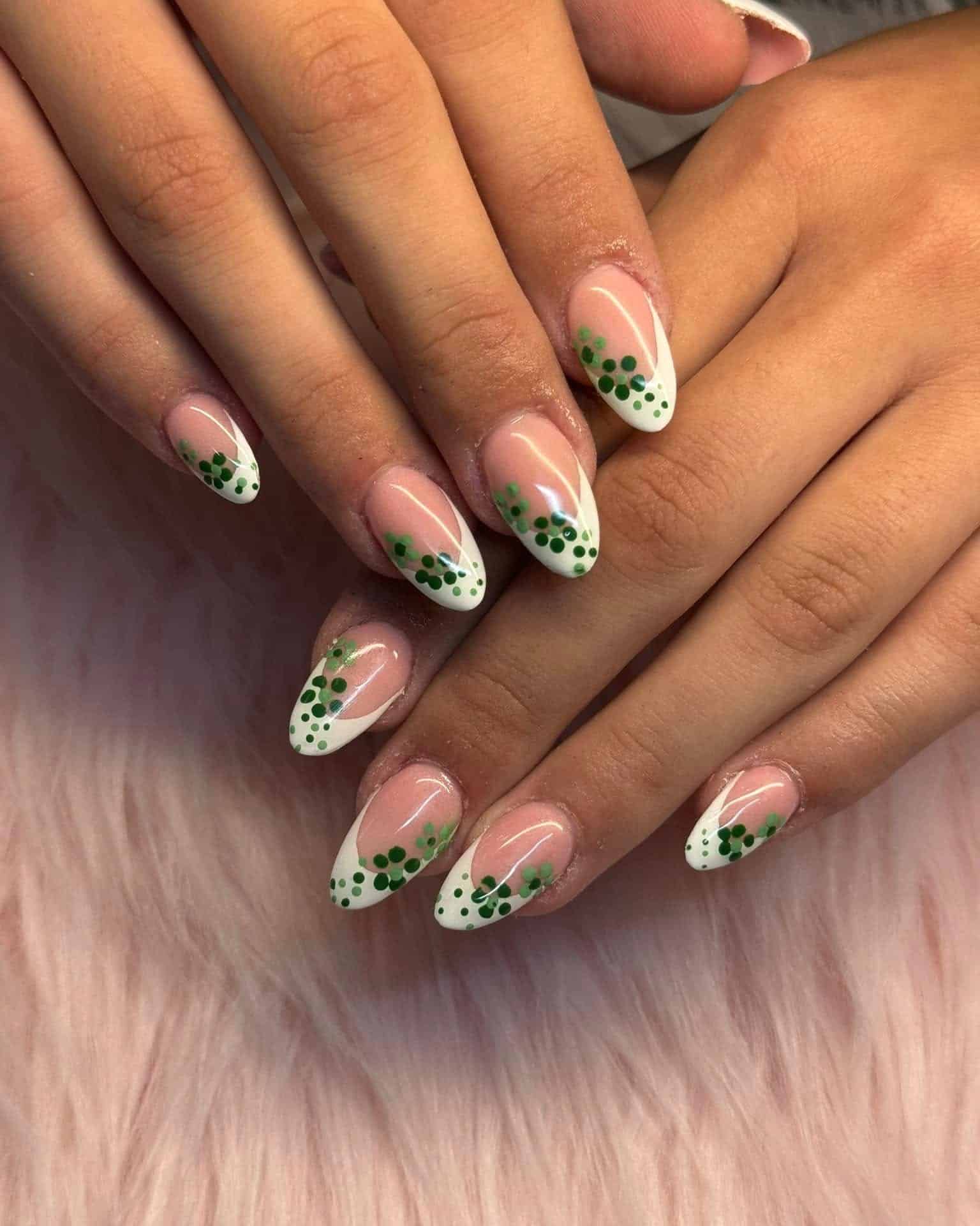13. White French with Green Dot Floral Almond Nails - cute green nail ideas