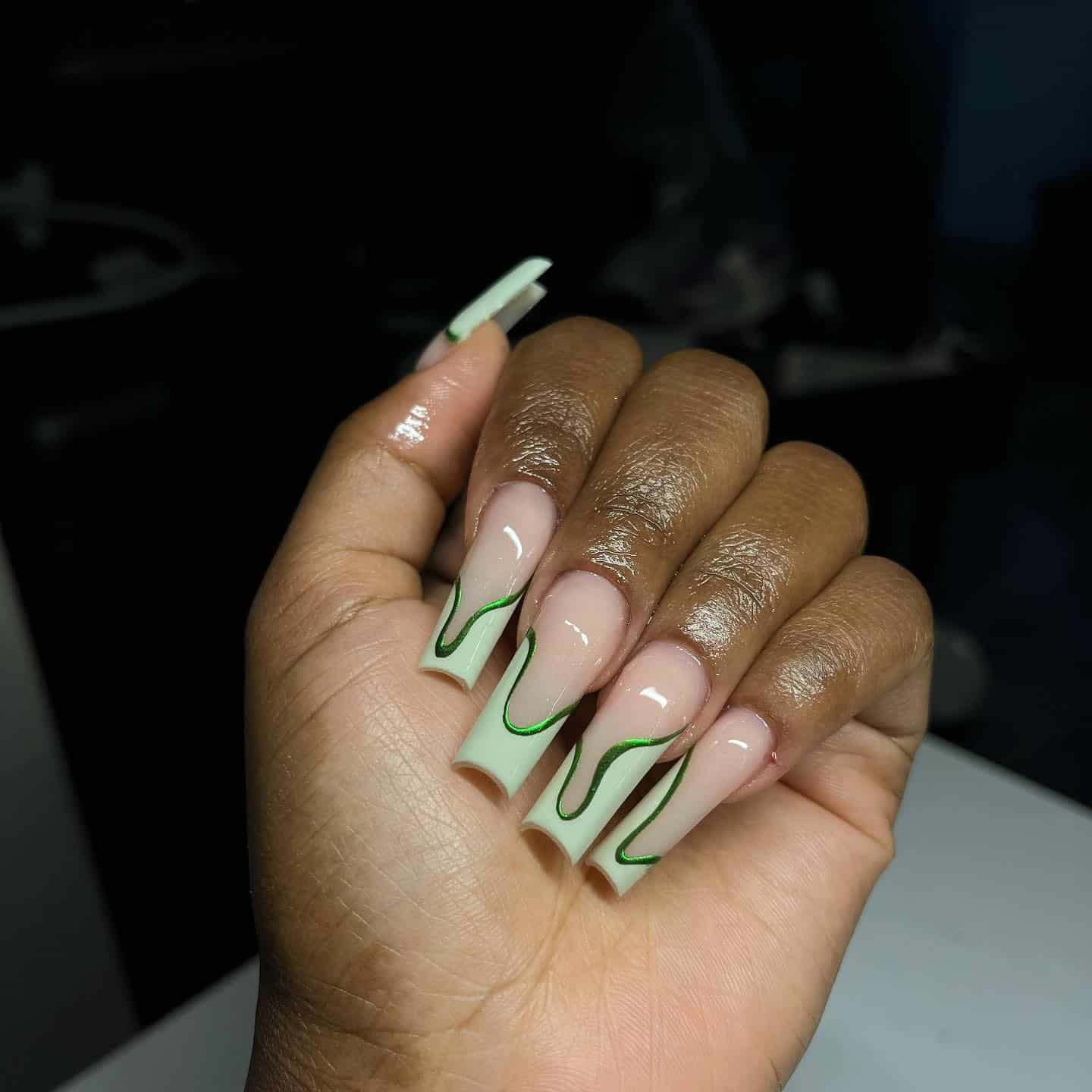 14. Sage Coffin Nails with Emerald Swirl Detail - cute green nail ideas