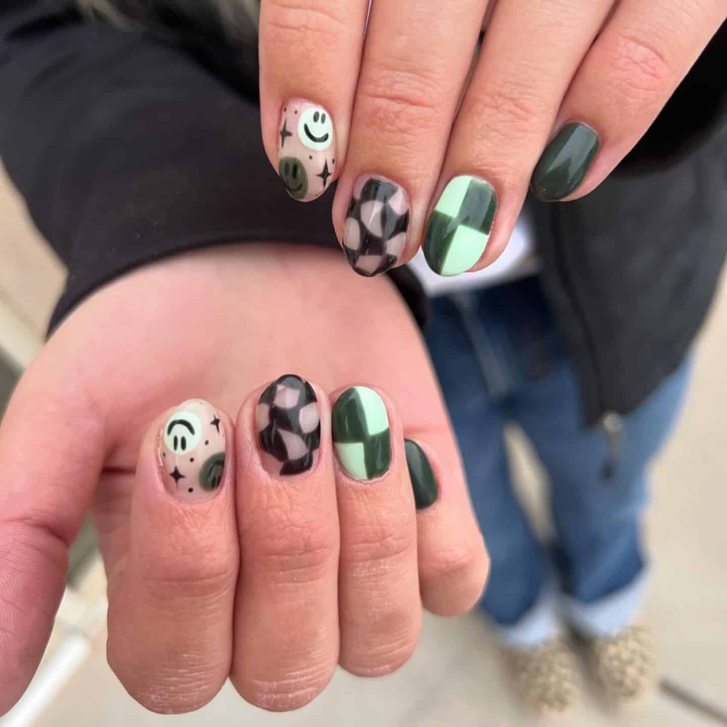 15. Forest Green Mix-and-Match Short Nails - cute green nail ideas