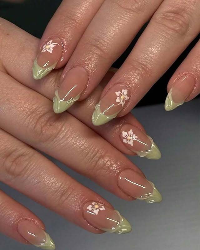 17. Pistachio French Almond Nails with Floral Art - cute green nail ideas