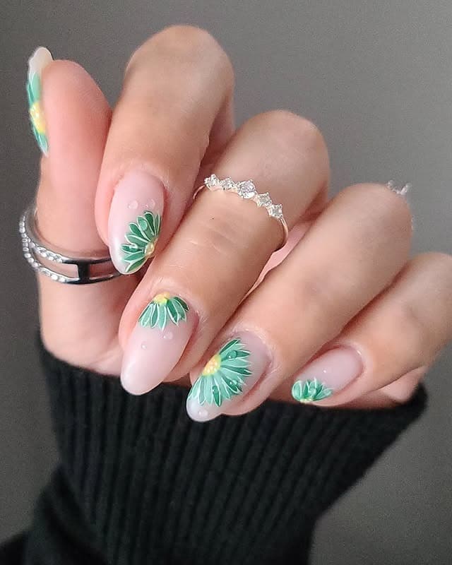22. Sage Green Floral Almond Nails - cute green nail ideas
