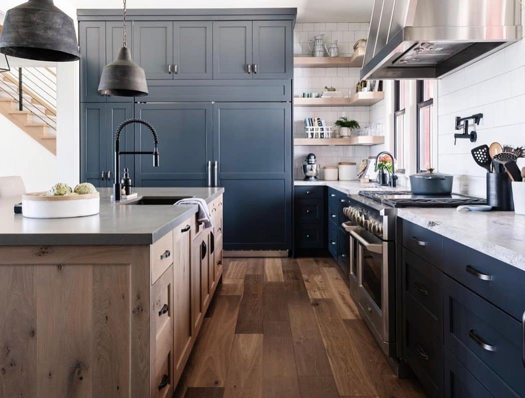 2. Navy Shaker Cabinets with Light Oak Island - dark kitchen cabinet ideas