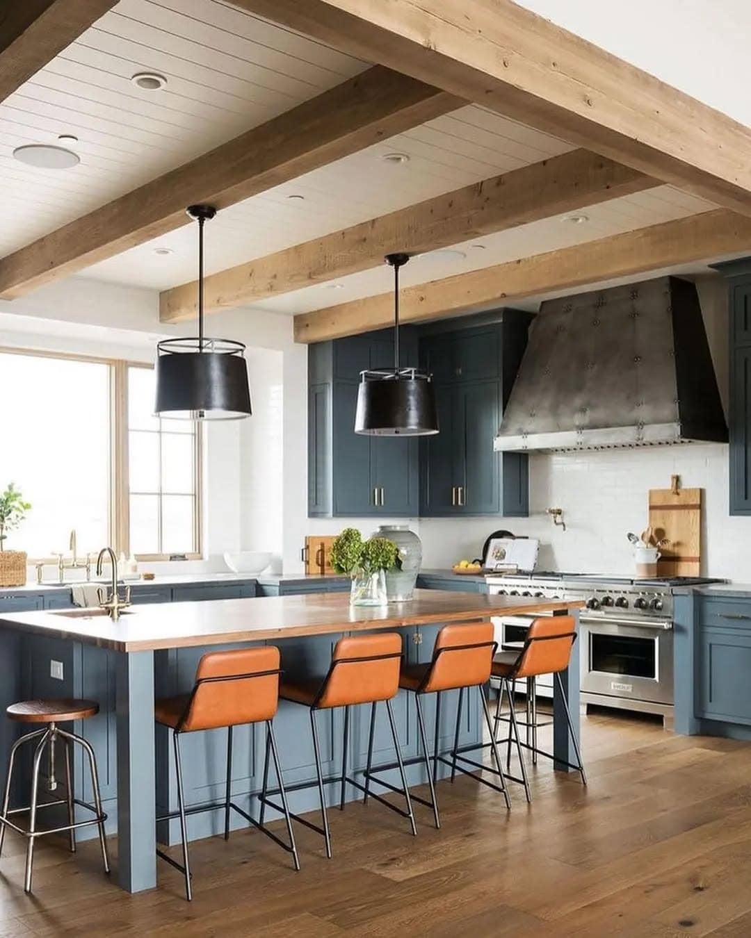 3. Slate Blue Cabinets with Exposed Wood Beams - dark kitchen cabinet ideas