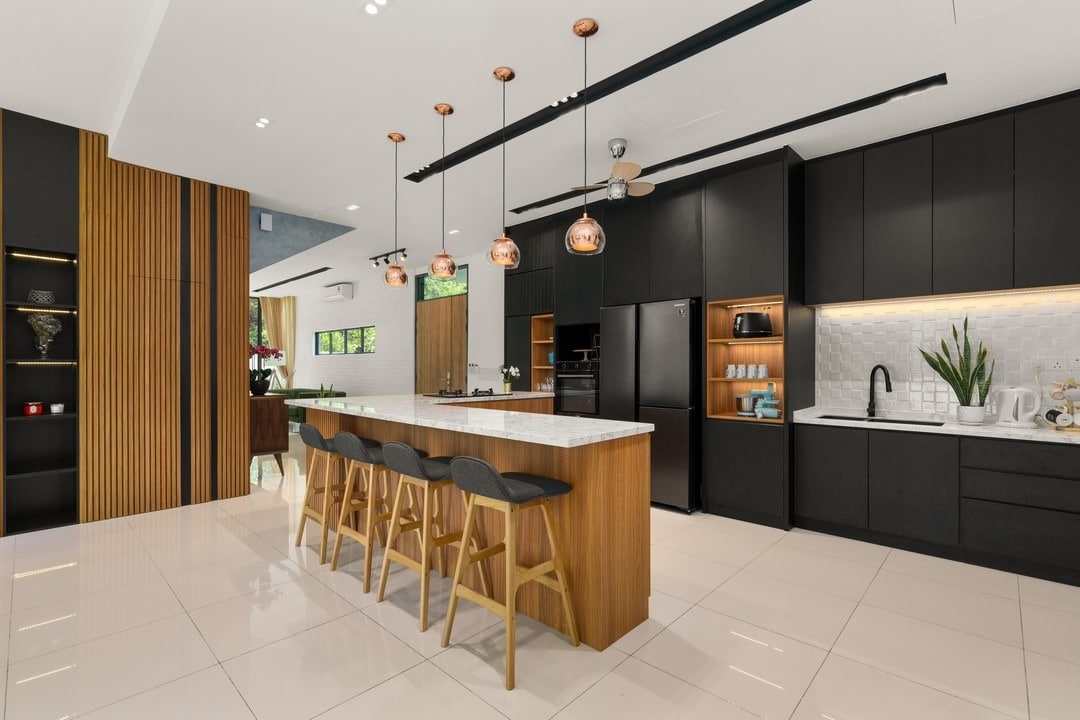 5. Charcoal Black Cabinets with Warm Wood Paneling - dark kitchen cabinet ideas