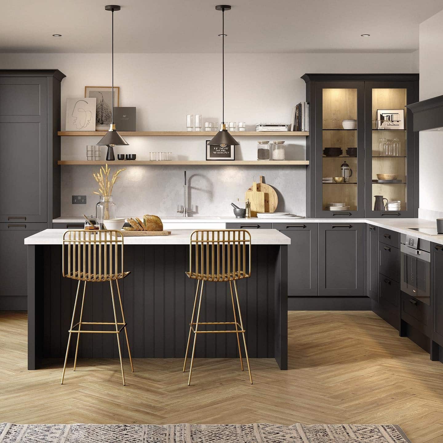 6. Soft Charcoal Cabinets with Brass Details - dark kitchen cabinet ideas