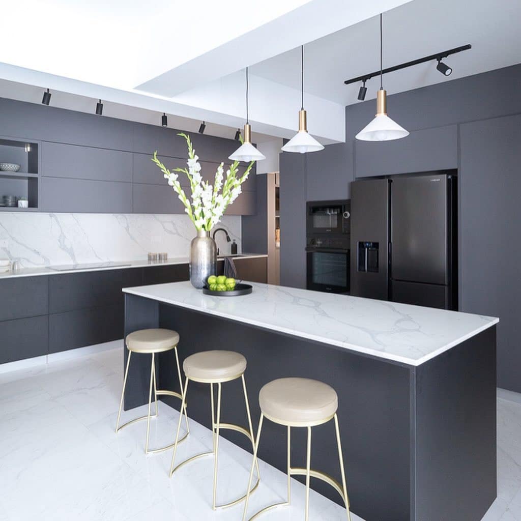 11. Matte Graphite Cabinets with White Quartz Island - dark kitchen cabinet ideas