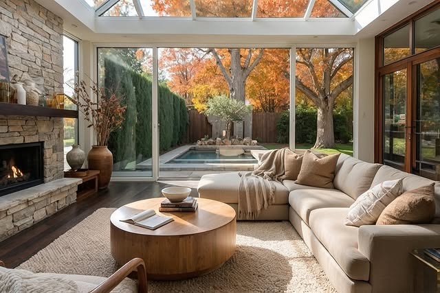 3. Contemporary Earth-Tone Living Room with Panoramic Glass Walls - cozy living room ideas