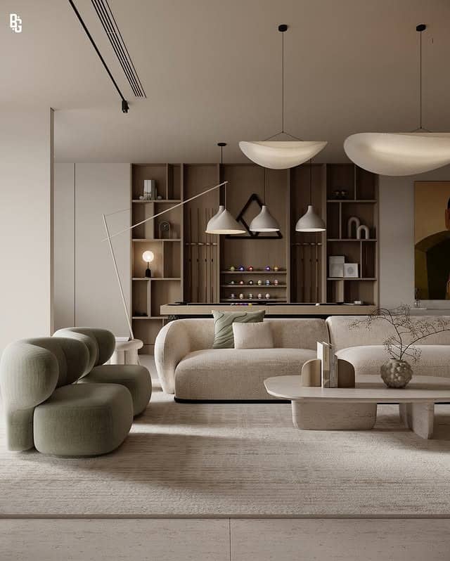 5. Minimalist Cream Living Room with Sculptural Furniture - cozy living room ideas