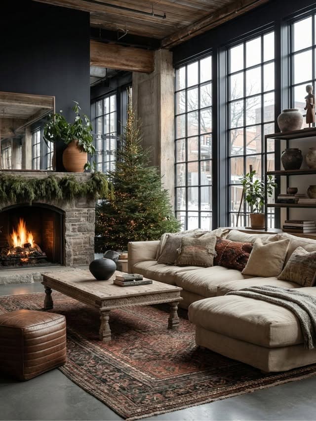 8. Industrial Rustic Living Room with Brick and Forest Green - cozy living room ideas