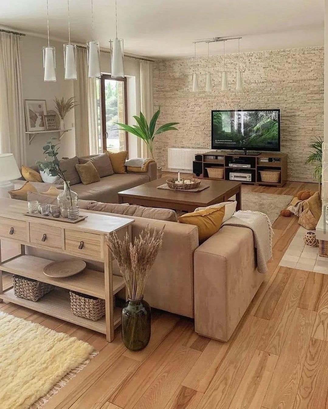 10. Transitional Beige Living Room with Layered Neutrals and Wood - cozy living room ideas