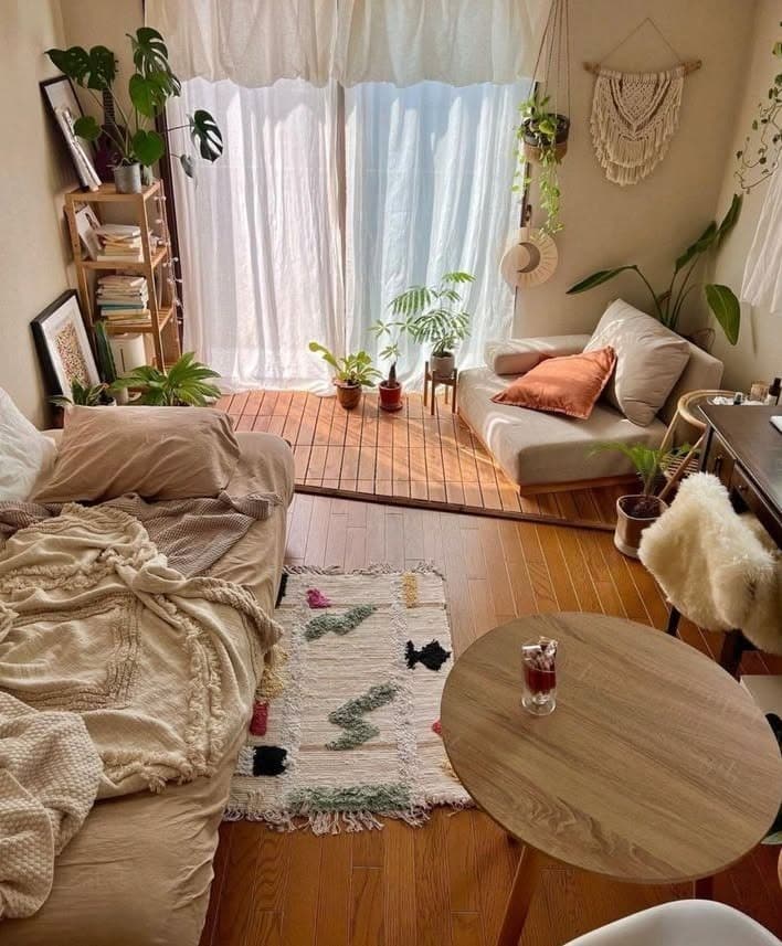 12. Earthy Boho Living Room in Warm Beige and Terracotta - cozy living room ideas