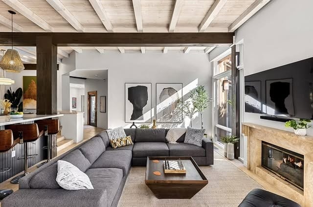 16. Modern Rustic Living Room in Charcoal and Warm Wood - cozy living room ideas