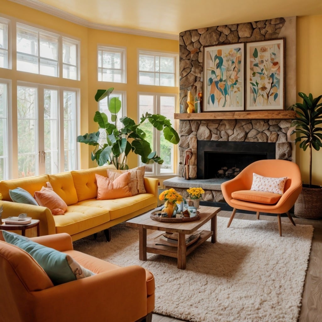 18. Sunny Yellow Living Room with Stone and Citrus Accents - cozy living room ideas