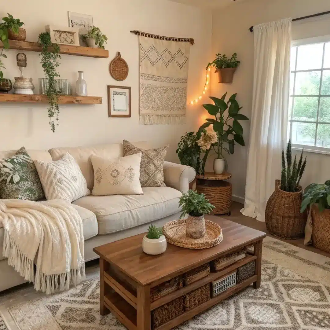 22. Cozy Boho Living Room in Beige and Natural Wood - cozy living room ideas