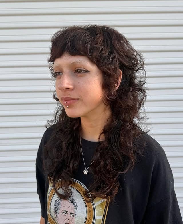 2. Chocolate Brown Curly Shag with Micro Fringe - Medium Length Shag Hairstyles