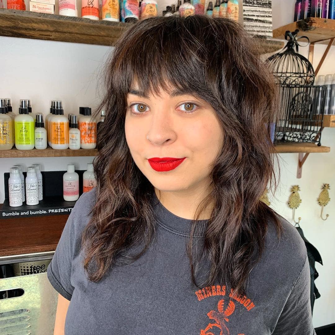 8. Dark Espresso Wavy Shag with Soft Fringe - Medium Length Shag Hairstyles