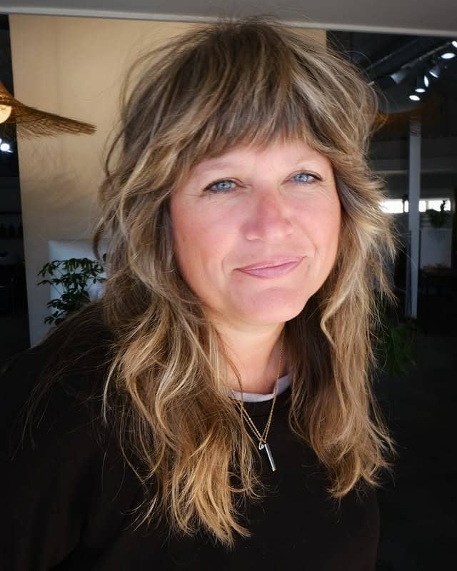 10. Sandy Blonde Textured Shag with Layered Fringe - Medium Length Shag Hairstyles