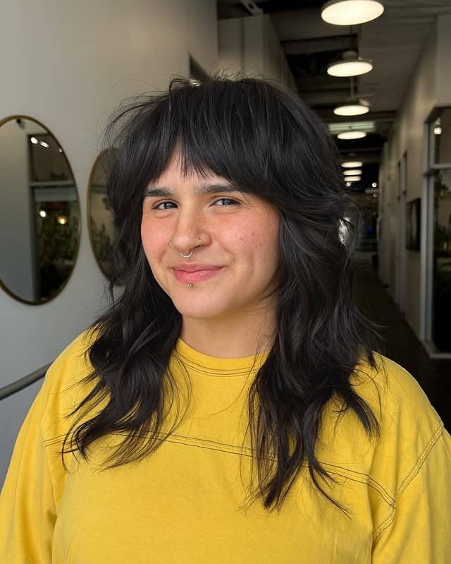 12. Soft Black Layered Shag with Full Fringe - Medium Length Shag Hairstyles