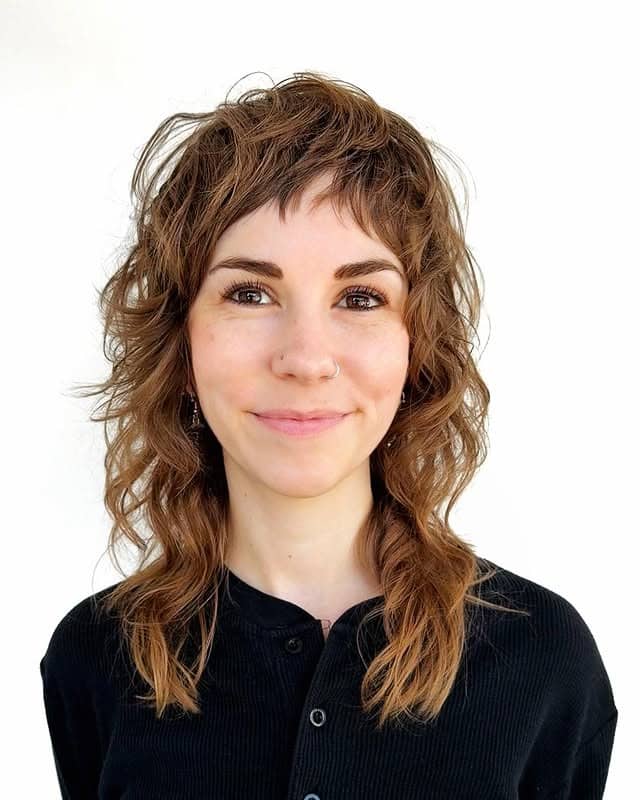 13. Light Chestnut Curly Shag with Micro Fringe - Medium Length Shag Hairstyles