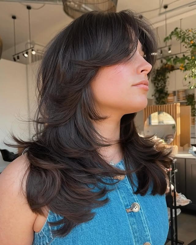 20. Dark Mocha Feathered Shag with Long Curtain Fringe - Medium Length Shag Hairstyles