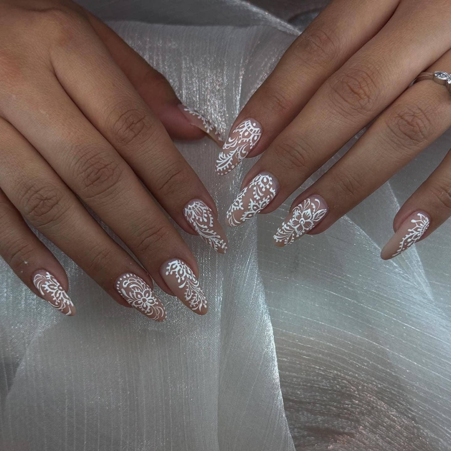 7. Sheer Nude Almond Nails with White Lace Detailing - elegant bridal nail ideas