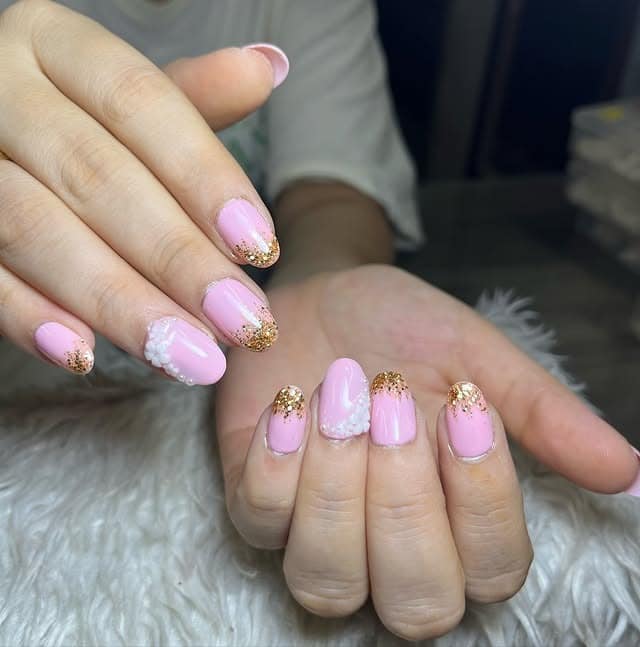 9. Soft Pink Short Square Nails with Gold Glitter Tips - elegant bridal nail ideas