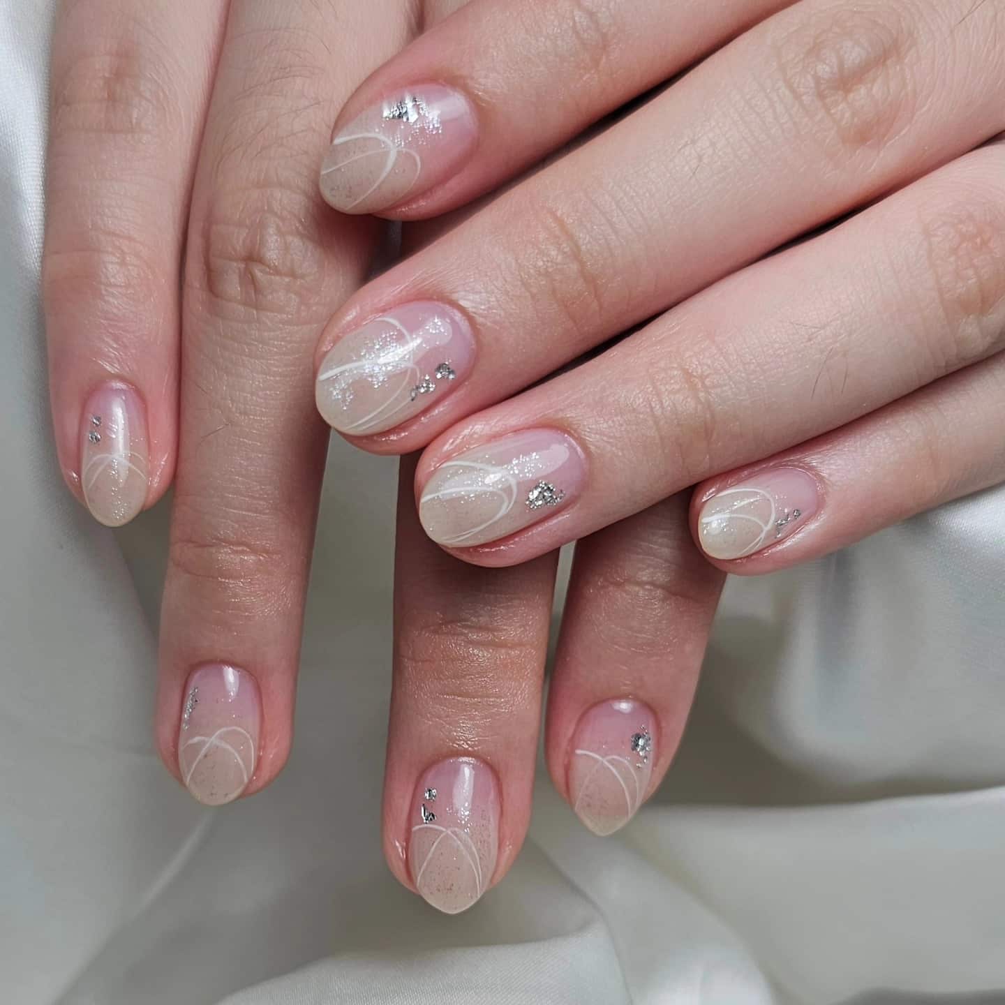 10. Sheer Blush Short Almond Nails with Silver Foil Accents - elegant bridal nail ideas