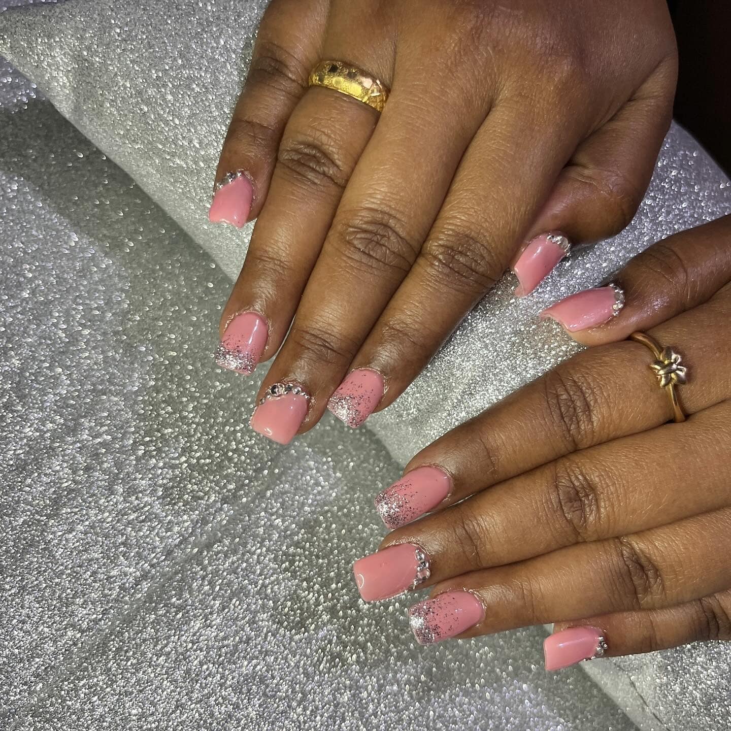 11. Blush Pink Square Nails with Silver Glitter Fade and Crystal Accents - elegant bridal nail ideas