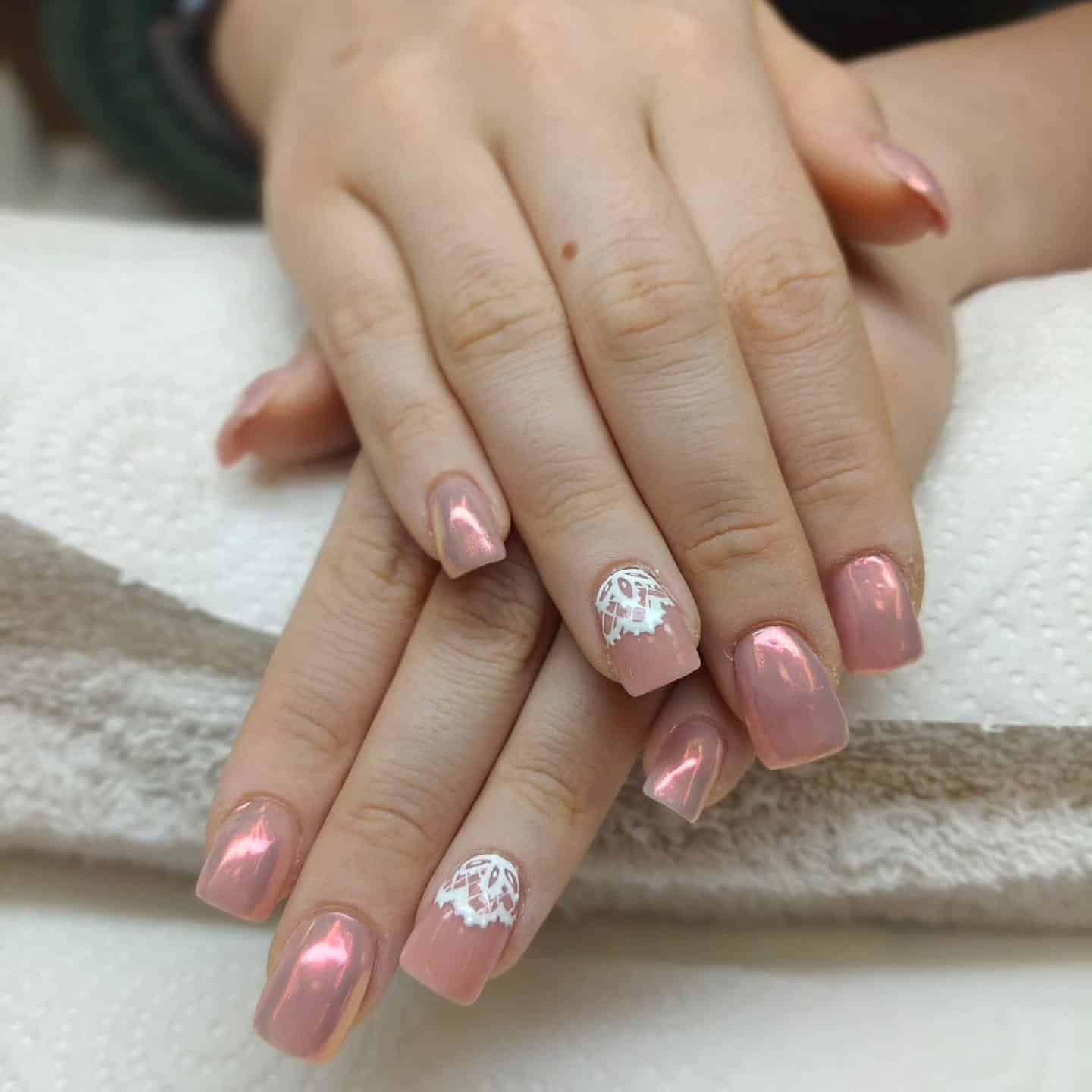 12. Rose Chrome Square Nails with White Lace Accent - elegant bridal nail ideas