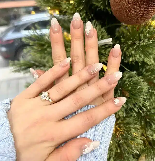 14. Milky Nude Almond Ombré with White Botanical Art - elegant bridal nail ideas